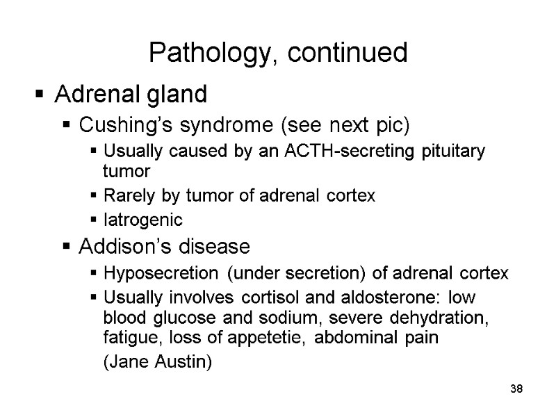 38 Pathology, continued Adrenal gland  Cushing’s syndrome (see next pic) Usually caused by